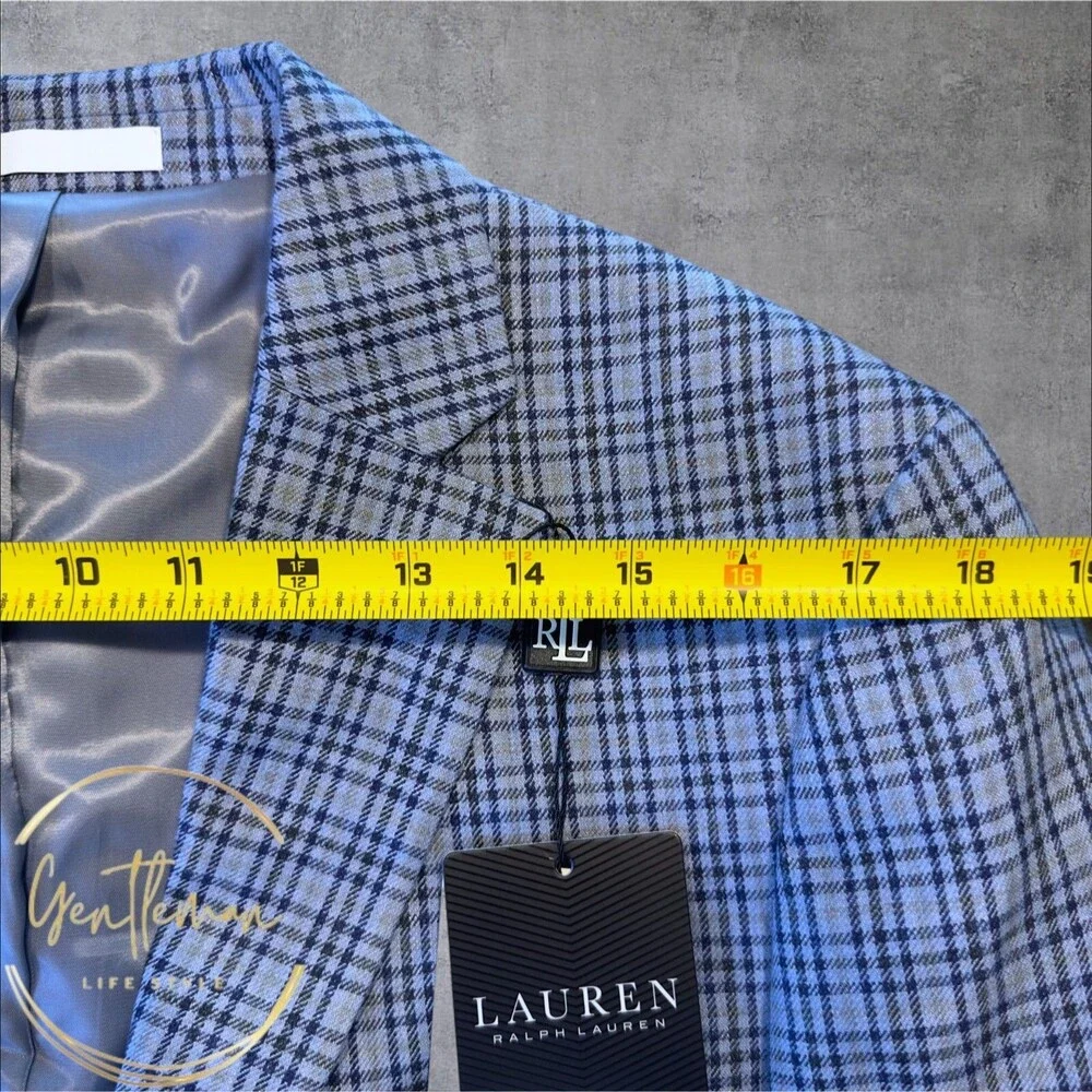 RALPH LAUREN Mens Blazer Sport Coat Two Button Suit Jacket 38R Blue Plaid Linen